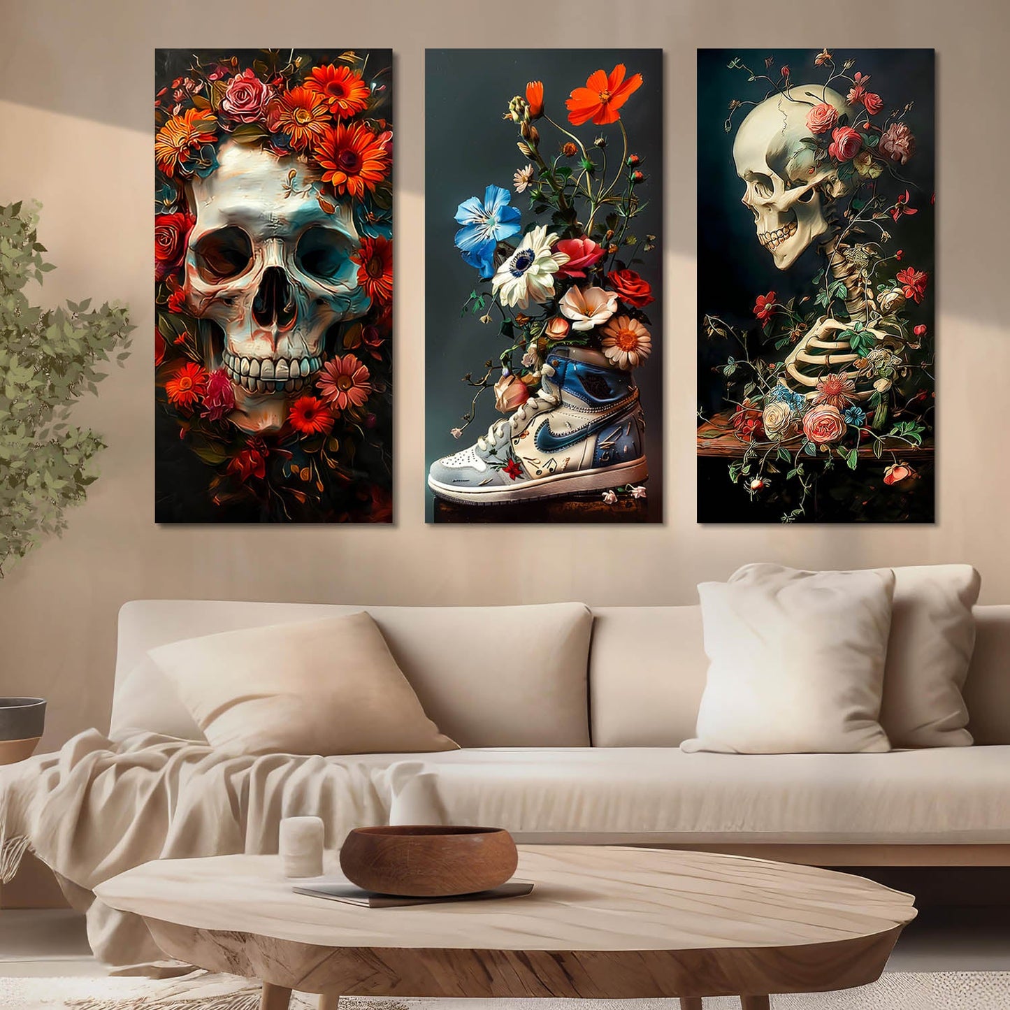 Floral Skull and Sneaker - Modern Gothic Canvas Art Set