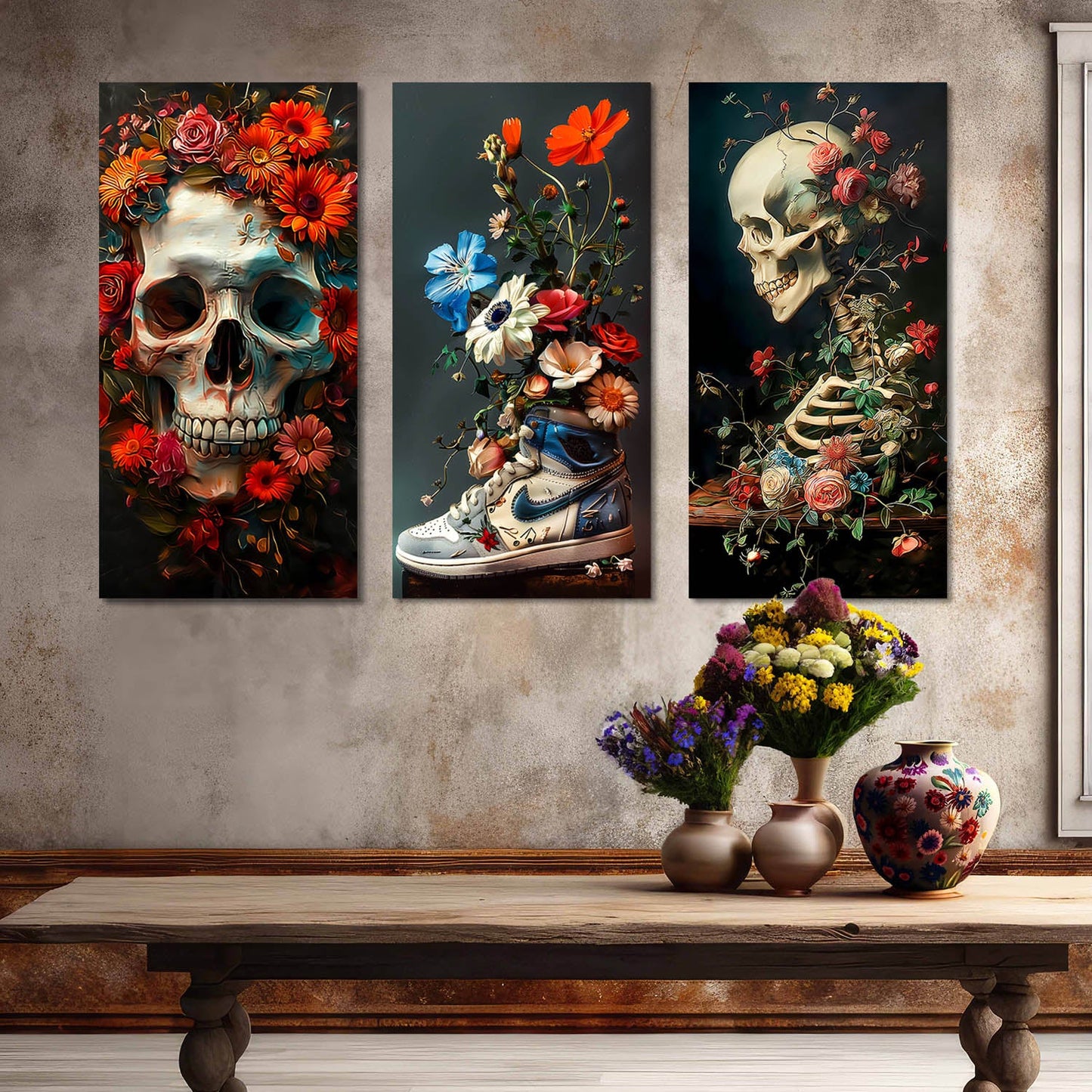 Floral Skull and Sneaker - Modern Gothic Canvas Art Set