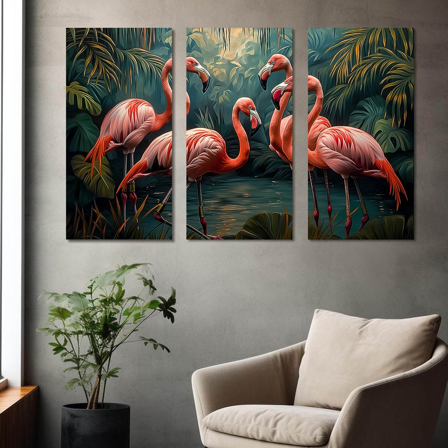 Tropical Flamingo Sanctuary - Vibrant Wildlife Canvas Art Set