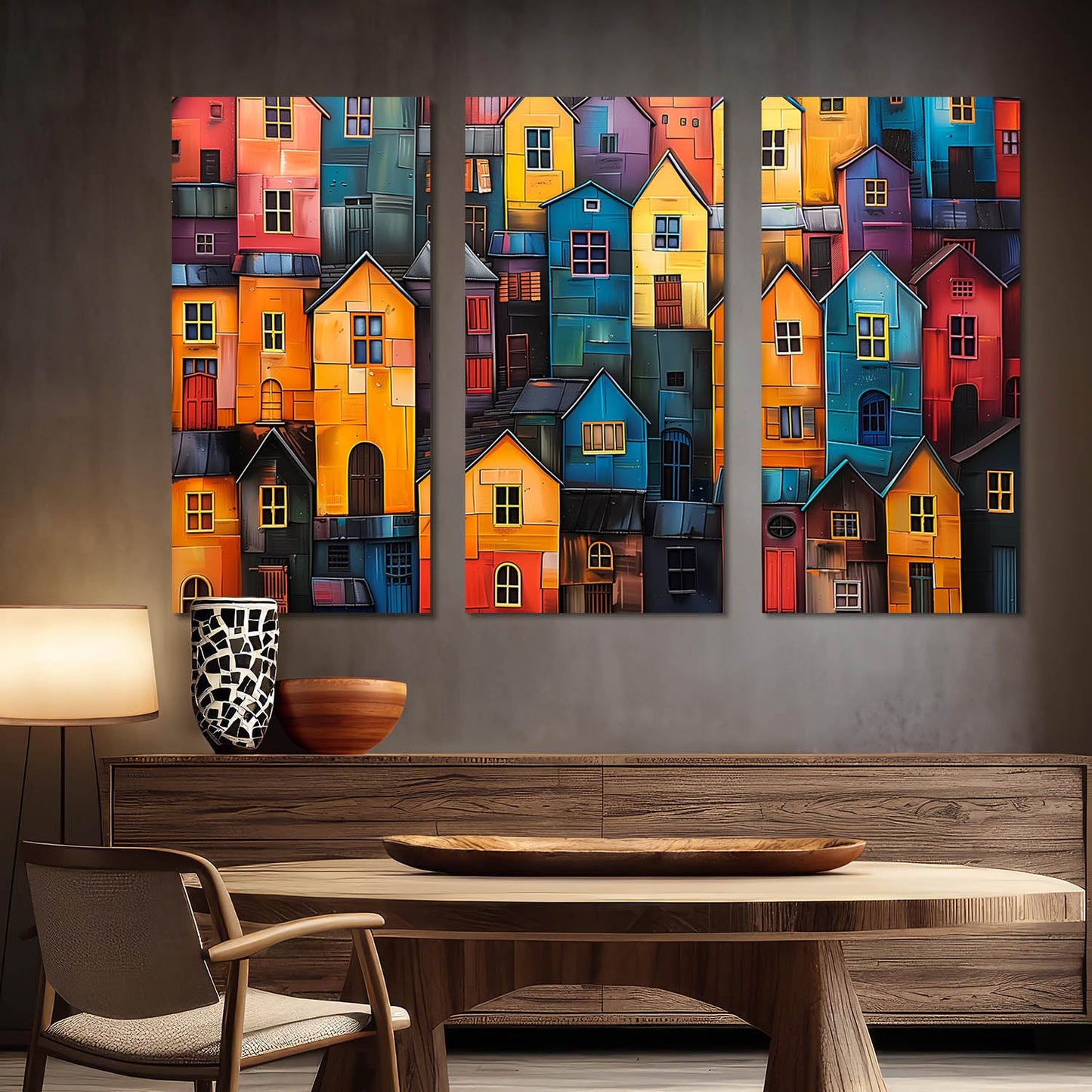 Colorful Urban Landscape - Abstract City Houses Canvas Art Set