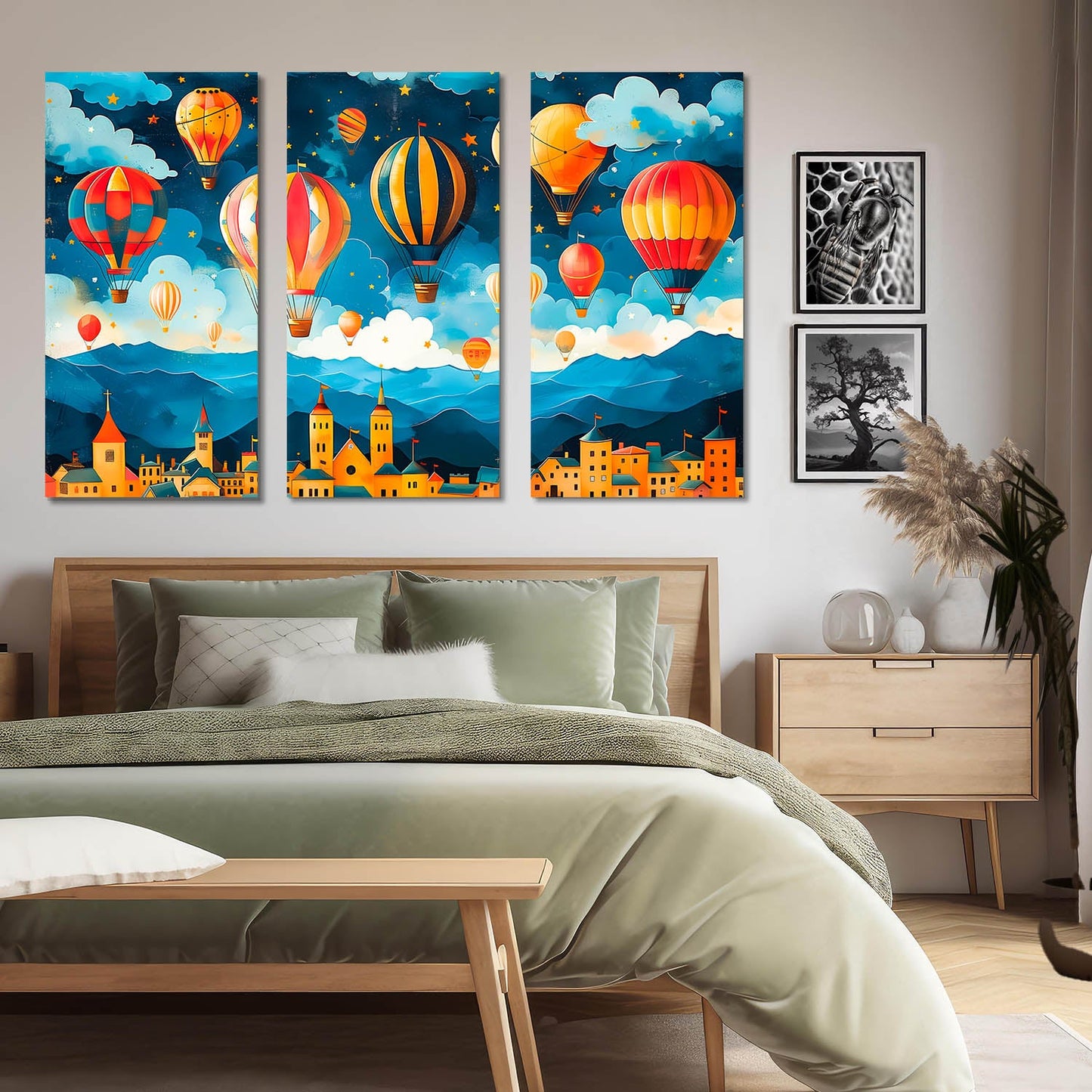 Enchanted Evening Sky - Hot Air Balloons Over Colorful Town Canvas Art Set