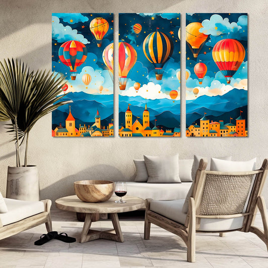 Enchanted Evening Sky - Hot Air Balloons Over Colorful Town Canvas Art Set