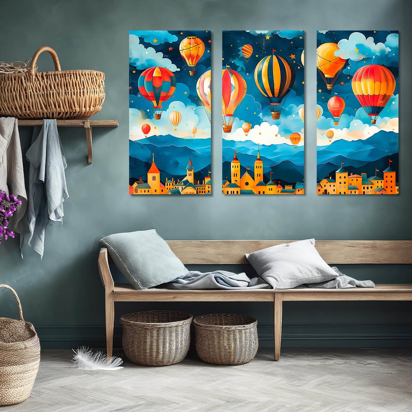 Enchanted Evening Sky - Hot Air Balloons Over Colorful Town Canvas Art Set