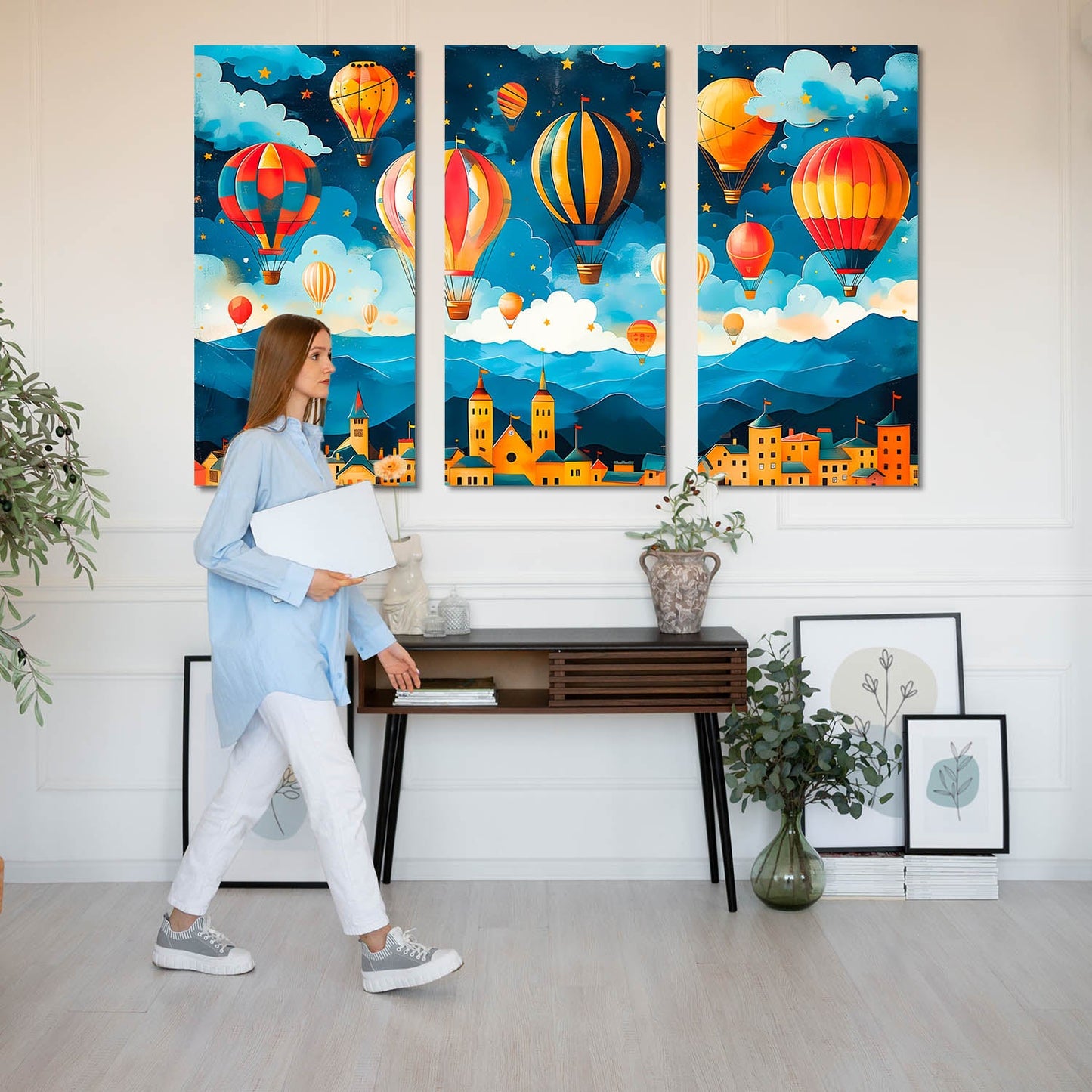 Enchanted Evening Sky - Hot Air Balloons Over Colorful Town Canvas Art Set