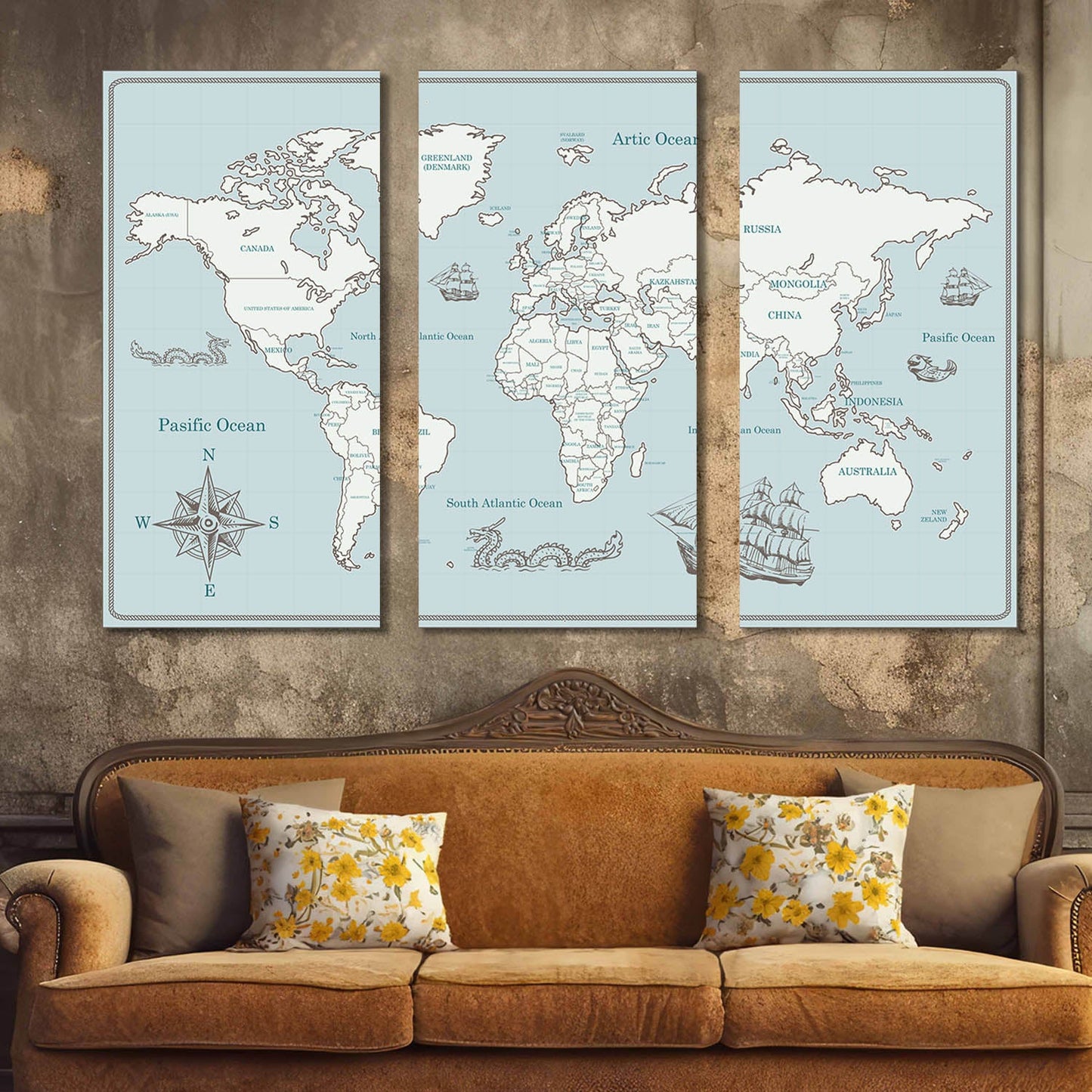 Map Wall Art Canvas, Wall Painting for Living Room Wall Decoration